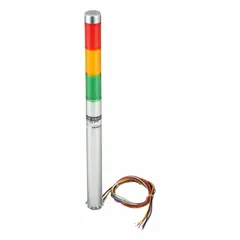 This three-tier tower light assembly provides visual status indication with amber, green, and red tiers. It operates on 24V AC/DC and has an overall height of 13 1/2 inches. No sounder tier is included. Typical applications include machine status signaling on industrial equipment, conveyors, and process lines.