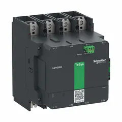 Non-reversing IEC contactor with 4 normally open poles rated at 265 A. Coil voltage is 48 V AC at 60 Hz. Spring-loaded wire termination is provided; no integrated surge suppression. Used for switching power circuits in motor control, lighting, and heating applications.
