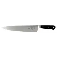 Forged chef's knife with a taper ground steel blade for precision cutting, chopping, and slicing. Overall length of 10 inches with a black glass-reinforced polyoxymethylene handle. NSF certified for commercial food preparation environments