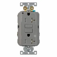 Duplex general purpose receptacle with GFCI protection. Rated 125V AC, 20A, 5-20 configuration, 2-pole/3-wire grounding. Gray finish. Suitable for commercial and industrial installations where ground-fault protection is required, such as kitchens, bathrooms, outdoor areas, and workshops.