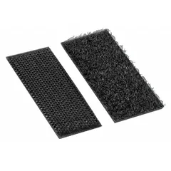 Pre-cut hook-and-loop strip made of nylon with adhesive backing. Measures 1 inch wide by 3 inches long. Black color. Suitable for cable management, panel mounting, and securing lightweight components where a reusable, adjustable fastening solution is needed.