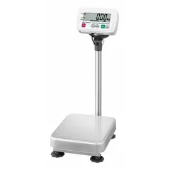 This washdown platform scale from A&D WEIGHING features an LCD display, 0.01 lb readability, and an RS-232C interface for data communication. The 11 3/4 x 15 inch weighing surface is suitable for food processing environments where frequent cleaning with water is required. It is used for weighing ingredients, portions, or packaged goods in wet conditions.
