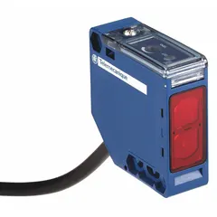 Rectangular photoelectric sensor receiver for use with compatible transmitters in industrial automation. Operates on 24-240V AC and 24-240V DC supply voltage. Features a non-terminated cable for flexible installation. Suitable for non-contact object detection in applications such as packaging, material handling, and conveyor systems.