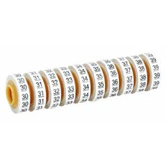 Replacement roll for wire marker dispensers. Provides 5,760 black-on-white polyester film labels per 10-pack, with legend 30 to 39. Used for identifying wires, cables, and terminals in electrical panels, control cabinets, and industrial maintenance.
