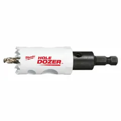 Bi-metal hole saw with attached arbor for cutting wood, metal, and plastic. Features 3/5 variable tooth pitch for smooth cutting and 1-5/8 in maximum cutting depth. Arbor thread is 1/2-20. Suitable for plumbing, electrical, and HVAC installations.
