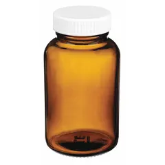 This 125 mL amber wide mouth glass bottle features a 38-400 mm neck finish and 54 mm body diameter, made from soda lime glass. The amber color provides UV protection for light-sensitive contents. Suitable for collecting, storing, and transporting liquid or solid samples in laboratory and environmental testing applications. Supplied in a case of 24 bottles; cap not included.