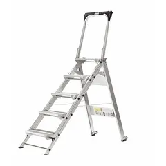 This folding step stool is constructed of silver aluminum and includes foldable handrails for stability. It has a 3.7 ft overall height, a 3.6 ft standing height, and a 375 lb load capacity. Suitable for elevated access tasks in industrial, maintenance, and commercial settings.