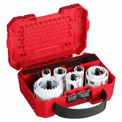 This 17-piece hole saw kit includes bi-metal saws ranging from 3/4 in to 2-1/2 in with 3.5 teeth per inch. Suitable for cutting holes in wood, metal, and plastic for electrical, plumbing, and HVAC installations.