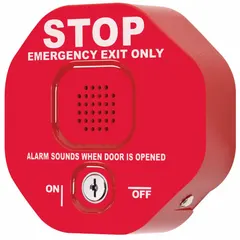This battery-powered door alarm emits a horn sound when the door is opened, helping to deter unauthorized exit. The red polycarbonate body includes a key lock cylinder for arming and disarming. Typical applications include securing emergency exits in commercial and institutional buildings.