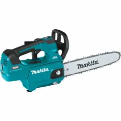 This MAKITA battery-powered chainsaw features a top handle design for maneuverability in tight spaces. It includes an automatic chain oiler and operates on a 40 V platform with a 5.0 Ah battery capacity. Suitable for pruning, limbing, and light-to-medium cutting tasks.