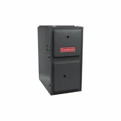This GOODMAN gas furnace delivers 80,000 BtuH heating capacity input with 96% AFUE efficiency. It is an upflow configuration rated for 2,000 cfm air flow, suitable for whole-house residential heating. The unit measures 34-1/2 in x 14 in x 29 in and is California Low NOx compliant.