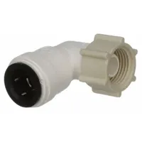 This polysulfone push-to-connect tube fitting features a swivel elbow design for Tube x NPS connections, accommodating 1/2 in OD tube to 3/8 in pipe size. It enables tool-free assembly in pneumatic or low-pressure liquid systems where space constraints require a compact, angled connection