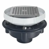 This ZURN height adjustable floor drain features a PVC body with a bronze finish and a 6 in square grate. It connects via solvent weld to 4 in nominal pipe size. Designed for commercial and industrial drainage applications where height flexibility is required, such as in restrooms, kitchens, and utility areas