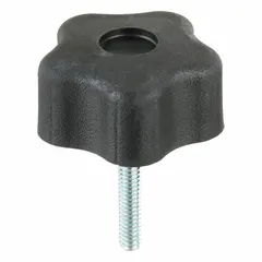 This 5-arm knob with threaded stud is designed for manual adjustment, clamping, or positioning on machinery and equipment. The plastic body with steel thread insert provides a corrosion-resistant grip for frequent hand-tightening applications. Thread size is 1/4"-20 with a 1.25 in thread length.