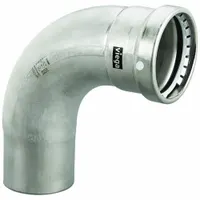 This stainless steel press fitting features an FTG x Press-fit, FKM configuration for 4 in pipe connections. It is used in plumbing, HVAC, and industrial piping systems to join stainless steel pipe with a secure, leak-proof connection