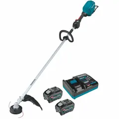 This battery-powered string trimmer features an 18-inch cutting width and a straight shaft for trimming grass and weeds along fences, walls, and garden beds. Powered by a 5.0 Ah battery, it is suitable for medium-duty residential and commercial landscaping tasks. The model is not capable of attachment use.