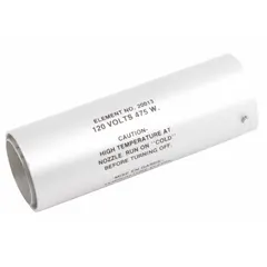 Replacement heating element for heat guns, rated for 650°F operation. Measures 3 3/4 inches overall length by 1 1/4 inches overall width. Used in applications such as paint stripping, shrink-wrapping, and industrial maintenance.