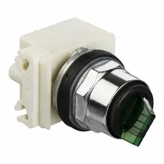 This illuminated selector-switch operator from SCHNEIDER features a 30 mm panel-mount metallic bezel and a short-handled design. It offers maintained/maintained action with 2 positions and an E cam, suitable for industrial control applications such as machine start/stop or mode selection in manufacturing and automation environments.