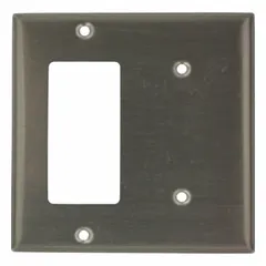 2-gang combination wall plate made of stainless steel with a silver finish. Standard size for covering multiple electrical devices in a single opening. Corrosion-resistant surface suitable for indoor applications.