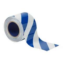 Striped blue/white polyester tape, 4 inches wide by 100 feet long, 8 mil thickness. No printed legend. Used for marking aisles, hazards, and work zones in industrial facilities.