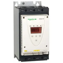 Soft start controller for three-phase induction motors, rated 62 A output current at 230-600V AC, 60/50 Hz. Includes integrated bypass contactor. IP20 enclosure. Used to reduce mechanical stress and electrical inrush current during motor start and stop in applications such as pumps, fans, conveyors, and compressors.