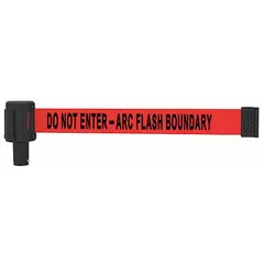 This replacement belt cassette is designed for use with stanchion systems to delineate restricted areas. It features a 15-foot retractable belt with a 2 1/2-inch width and an overall height of 42 inches. The belt is printed with a 'Do Not Enter - Arc Flash Boundary' message.