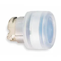 Momentary-action flush push-button operator from the XB4 series with a metallic blue actuator. Designed for 22 mm panel cutouts, the recessed profile reduces the risk of unintended actuation in control panel applications.