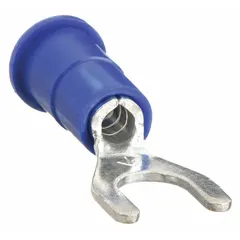 Insulated fork terminal with vinyl insulation, butted barrel, and standard fork shape. Rated for 1000V, accommodates 16 AWG to 14 AWG wire on a #6 stud. Used for secure electrical connections in control panels, machinery, and power distribution.