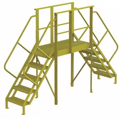 Steel perforated crossover bridge with 5 steps and a 1,000 lb load capacity. Yellow finish. Used for safe crossing over conveyors, pipes, or other obstacles in industrial environments.