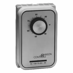 The JOHNSON CONTROLS T26J-7C is a cool-only analog thermostat with an exposed dial for manual temperature adjustment. It features a single-stage (1C) SPST switch that closes on rise, operating on 24 to 277V AC. The temperature control range is 40° to 90°F, with system settings fixed to On. Suitable for single-stage cooling control in commercial or industrial HVAC systems.