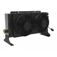DC motor driven forced air oil cooler for hydraulic and lubrication oil systems. Removes 45 hp of heat. Max flow 80 gpm, max pressure 377 psi, 12V DC. SAE #20 port size, IP 68 enclosure