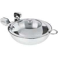 This buffet server features a stainless steel base and a glass/stainless steel lid, finished in silver. It is suited for serving sautéed dishes, vegetables, or sauces in buffet lines, catered events, or commercial kitchens. Overall diameter is 15 1/4 in, overall depth is 18 3/4 in. Not NSF certified