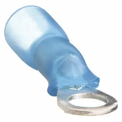 Heat shrink insulated ring terminal for #6 studs, accepting 16 AWG to 14 AWG wire. Rated 1000 V. Provides secure connections in control panels, automotive wiring, and equipment.