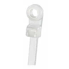 Natural nylon screw mount cable tie with #10 mounting hole for permanent attachment to flat surfaces. Nominal length 8 in, max bundle diameter 2 in, width 0.19 in. Pack of 1000. Used for securing and bundling cables in control panels, enclosures, and data centers.