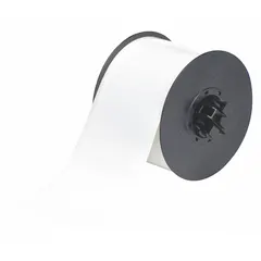 Continuous thermal transfer label roll, 3 in x 100 ft, white gloss vinyl for outdoor use. Compatible with BBP37 printer series. Suitable for industrial labeling applications such as asset tags, pipe markers, and safety signs requiring weather and UV resistance.