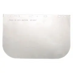 Clear polycarbonate replacement visor for chemical splash protection. Measures 8 inches in height and 0.04 inches in thickness. Suitable for use in industrial environments where resistance to chemical splashes and impact is required.