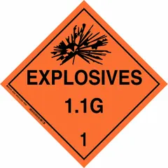 This placard measures 10 3/4 in x 10 3/4 in and displays the message 'Explosives 1.1 G 1'. It is used for identifying containers holding Class 1 explosives in transport, storage, and industrial environments.