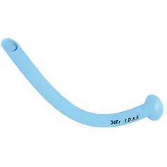 This sterile, disposable nasopharyngeal airway is made of blue neoprene and has a 34 Fr catheter size. It is used to maintain an open airway in unconscious or sedated patients by inserting through the nostril into the pharynx.