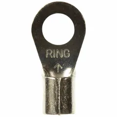 Non-insulated ring terminal for terminating 8 AWG wire to a 1/4-inch stud. Rated for 1,000 V with a brazed barrel and seam for mechanical strength. Suitable for use in industrial control panels, power distribution, and heavy equipment wiring.