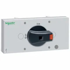 Rotary handle with mechanical coupler for TeSys VLS Series equipment. Features a 7 mm (0.3 in) shaft opening and includes a padlock for secure locking. Used in industrial control panels and power distribution for safe isolation during maintenance.