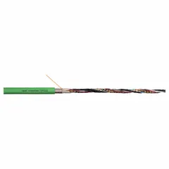 This servo motor feedback cable features three shielded twisted pairs of 24 AWG conductors with a green TPR jacket. It is sold by the foot and has a minimum bend radius factor of 4 times the outer diameter for fixed installations and 6 times for flexible applications. Suitable for use in measuring systems requiring shielded twisted-pair signal transmission.
