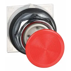 Red mushroom-head push-button operator from the 9001K series. Metallic construction with a 30 mm mounting size and momentary action. Suitable for use as an operator in industrial control panels and machinery where a large, easily accessible push button is required.