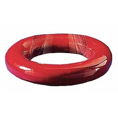 This flask stabilizer ring is made of a coated lead core with a red vinyl coating. It has an inside diameter of 0.74 inches and an outside diameter of 2 inches. The ring is used to secure round-bottom flasks on lab benches or ring stands, preventing tipping during experiments.