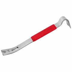 This 15-inch wrecking bar features a claw end and two beveled nail slots for prying and nail pulling. With a bar width of 2-3/4 inches and end width of 1-3/4 inches, it is suited for demolition, material removal, and framing tasks.