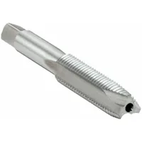 Oversized spiral-point tap for threading through-holes in metal. Features a 1/4"-28 UNF thread, H11 / 1B tolerance, plug chamfer, and 3-flute high-speed steel construction. Directs chips forward to prevent clogging during production tapping
