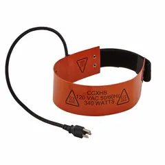 Heater for refrigerant cylinders, suitable for 30 lb, 50 lb, and 125 lb cylinders. Operates at 120V AC with a NEMA 5-15P plug, delivering 340 W of heating power. Uses a hook-and-loop fastening system for secure attachment. Maintains cylinder temperature to support consistent refrigerant flow and pressure in cooler environments.