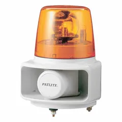 Wall-mount tone alarm with rotating incandescent light, operating at 24V DC. Features MP3 playback via SD card for simplified message programming. Overall length 10 1/4 in, diameter 6 3/8 in, with wire leads for connection. Used in industrial settings for audible and visual warning signals.
