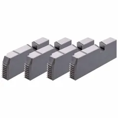 Steel dies designed for Rothenberger R Series threading heads. Cut National Pipe Taper (NPT) right-hand threads on steel pipe from 1/2 in to 3/4 in. Used in plumbing, HVAC, and industrial piping systems for threading pipe ends.