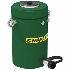 The SIMPLEX RCG1006 is a single-acting hydraulic ram with a nominal capacity of 105 tons. It features a load return mechanism for controlled retraction under load. Designed for heavy-duty industrial lifting, pressing, and maintenance tasks such as bridge construction, shipbuilding, and structural repair.