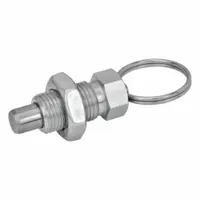 This nonlocking pull-ring retractable spring plunger features a steel body and stainless steel plunger with M12x1.5 thread. It includes a jam nut for secure mounting. Used for indexing and positioning in jigs, fixtures, and industrial machinery